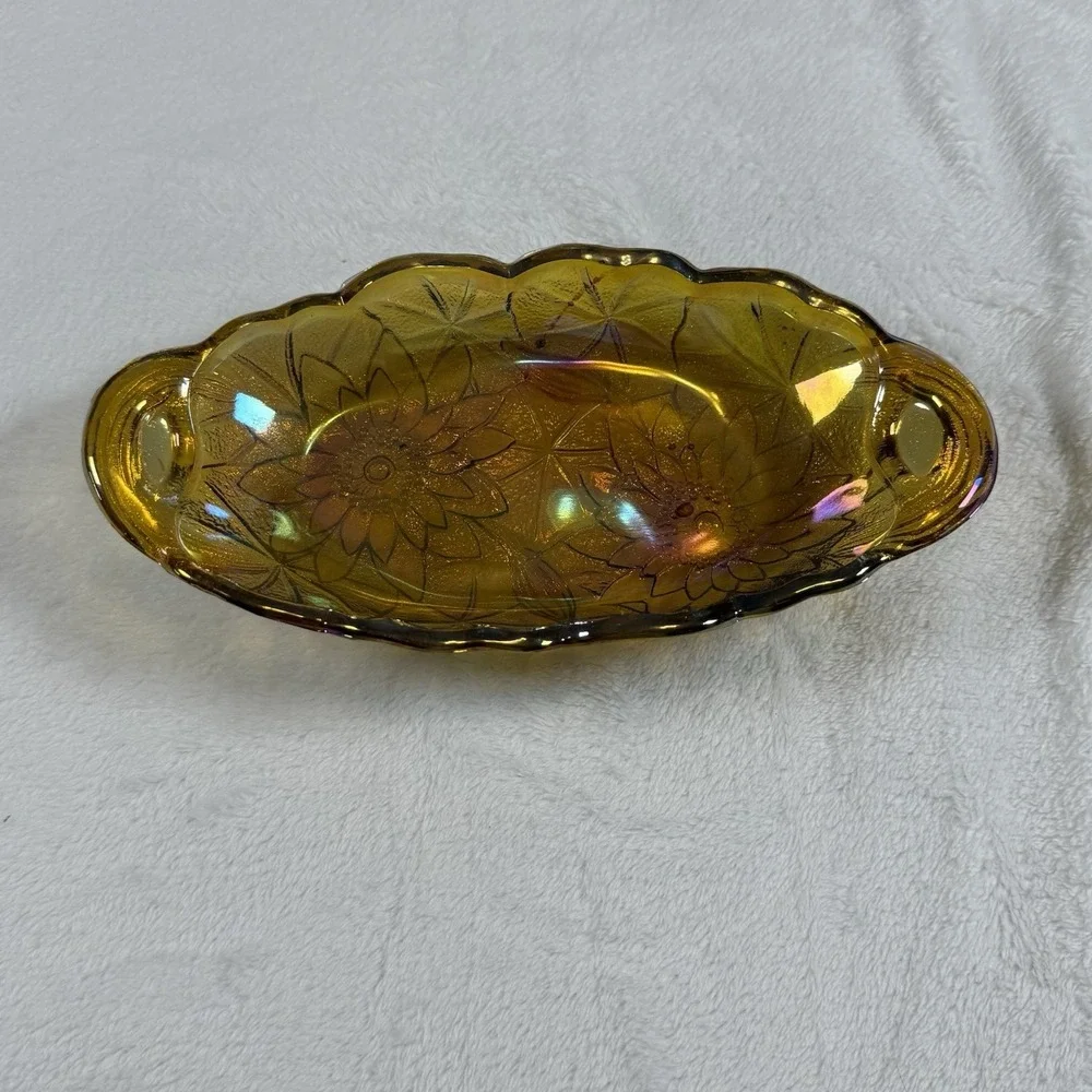 Vintage Amber Carnival Glass Handled Relish Candy Dish Sunflower Floral 10.5